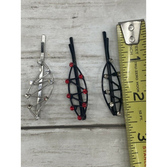 Hair Bobby Pins Clips Rhinestones Crystals Clear Red and Black Silver Set of 3 - Picture 4 of 6
